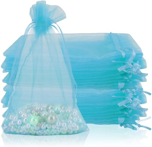 50 Bolsas de Organza 10x15 cm Azul Claro, Bolsitas de Tela Pequeñas para Regalo, Joyas y Detalles, Saquitos de Tul con Cordón para Bodas, Bautizos, Comuniones y Dulces