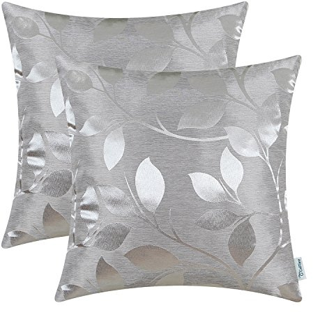 CaliTime Pack of 2 Throw Pillow Covers Cases for Couch Sofa Home Decor Shining & Dull Contrast Vibrant Growing Leaves 18 X 18 Inches Silver Gray