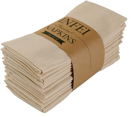 INFEI Solid Color Blended Fabric Thin Dinner Cloth Napkins - Set of 12 (40 x 40 cm) - for Events & Home Use (Beige)
