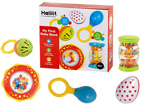 Halilit My First Baby Band Gift Set. Musical Instrument for Babies includes Egg Shaker, Cage Bell, Baby Maraca, Tube Shaker and Fun Rattle. 6 Months +