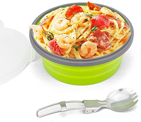 CCyanzi 1200ml Collapsible Camping Bowl Silicone Food Storage Container with Lid and Foldable Stainless Steel Fork Spoon, for Picnic, Travel, Camping, RV, Fridge and Microwave Bowls(Round, Green)