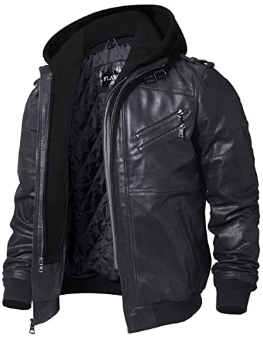 FLAVOR Läderjacka för män herrjacka med avtagbar luvtröja jacka herr (XXXL, Svart)