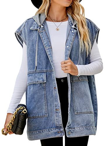 PAODIKUAI Women's Denim Vest Mid Long Jean Vest Sleeveless Jackets Distressed Vest Cotton (A-blue with hood, X-Large)
