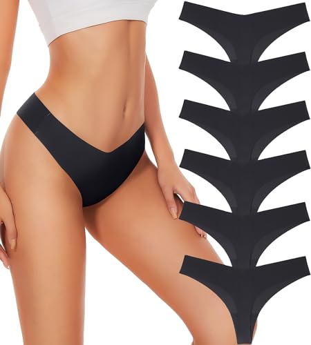 Hellopopgo Seamless Thongs For Women No Show Thong Seamless Underwear Womens 6-Pack Panties Breathable V-waisted Thongs,M