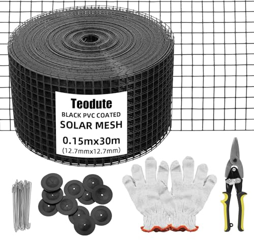 Teodute 15 cm x 30 m solskyddsnät, skydd för solpaneler, skydd med 1 par handskar, 70 runda delar, 70 inverterade krokar och 1 rak sax för att förhindra duvor från
