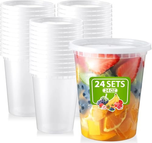 LATERN 24 Pièces Contenants de Stockage de Soupe en Plastique avec Couvercles, 720ml /24oz Gobelets Réutilisables pour Conservation des Aliments Étanches Congélateur Sûr Passe au Micro-ondes