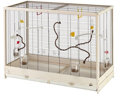 Ferplast Vogelkäfig aus Metall und FSC-Holz, für Kanarienvögel, Sittiche, inkl Zubehör, Futternäpfe, abnehmbare und veränderbare Sitzstangen, 113,5 x 53 x H 82 cm.