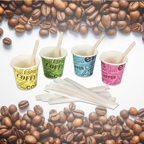 Bioaiks Lot de 200 verres en carton pour expresso, 200 bâtonnets en bouleau pour mélanger, 75 ml, (multicolore)