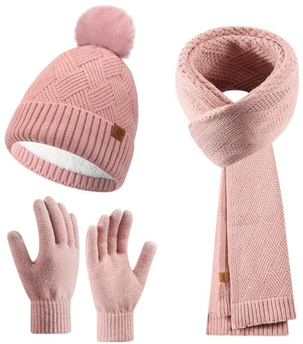 Enwokran Guanti Sciarpa Cappello Set Berretto Pom Beanie Lavorato a Maglia da Donna Guanto Touch Screen Sciarpa Lunga 3 in 1 Inverno Freddo Set Regalo per Donne Ragazze (Rosa)