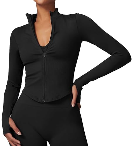 Generisch Ensemble d'entraînement 2 pièces côtelé sans couture pour femme avec veste à fermeture éclair et leggings taille haute pour la salle de sport et le yoga