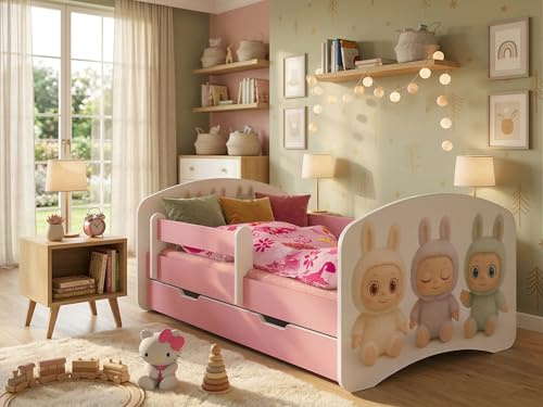 Happy Babies Kinderbett - mit Rausfallschutz Junge 140x70 Bett für Kinderzimmer mit Schublade & Matratze Einzelbett für Kinder Weiß/Rosa - Sweet BUBU (N.1)