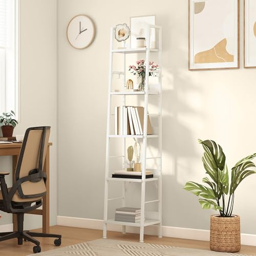 DWVO Bibliothèque étroite et Haute à 5 Niveaux, étagère Industrielle en Forme d'échelle, étagères en Bois et métal,Moderne et Fine pour Le Salon, Le Couloir, Le Bureau, Blanc Pur