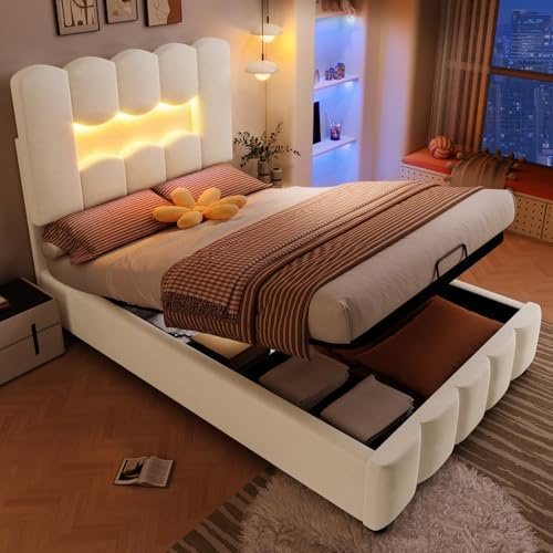 KOMHTOM Lit Simple Rembourré 90 x 200cm, Lit Coffre avec éclairage LED, Compartiment de Rangement Hydraulique et Tête de lit Réglable(sans Matelas) (Beige-1)