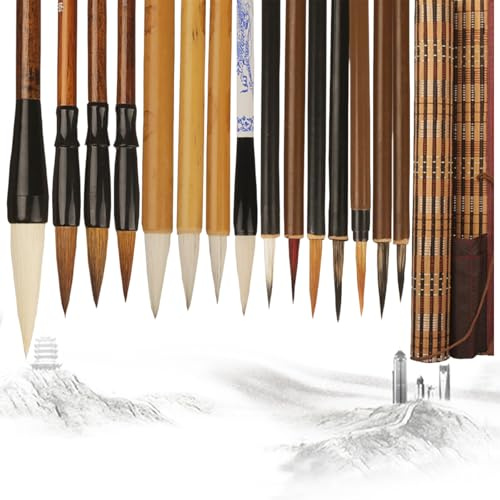 BAIFULAI 15 Stück Chinesische Kalligraphie Pinsel: Gemischte Größe Chinesische Kalligraphie-Pinsel mit Pinseltasche, Japanischer Sumi Zeichenpinsel für Anfänger, Aquarell und Hand Lettering
