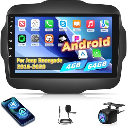 [4+64G] Techschermo Car Radio for Jeep Renegade 2016-2020 with Wireless Carplay and Android Auto - 9 Inch Touchscreen Android Car Stereo - EQ Audio/WiFi/GPS/SWC/Bluetooth + AHD Backup Camera