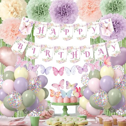 Födelsedagsdekoration Lila, Födelsedagsdekoration Man Kvinna, Ballonger | Födelsedagsdekoration, festdekoration ballonger set med Happy Birthday-banderoll, fjärilsdekoration, poms, glittergardin