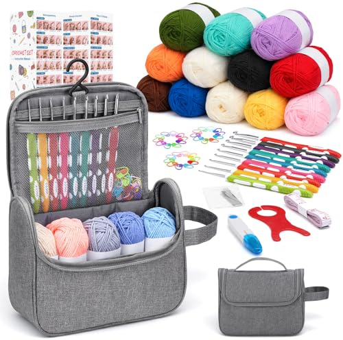VynyQoo Kit de Crochet Completo para Principiantes, 90 Piezas | Ganchillos Ergonómicos de 2,0–6,0 mm, 17 Ovillos de 24–27 g, Bolsa de Almacenamiento y Accesorios de Crochet