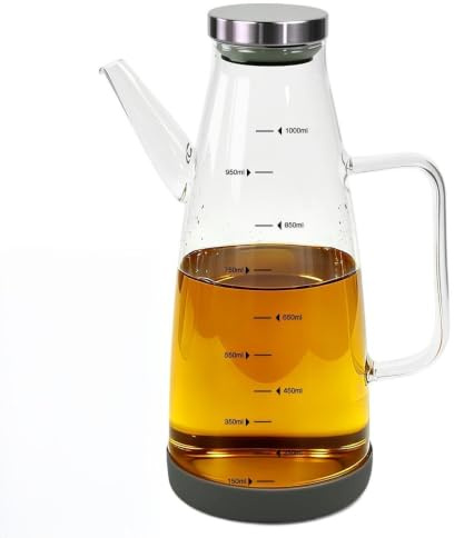 Aceitera Cristal Antigoteo 1L Botella Dispensador de Aceite Oliva con Asa y Base Silicona Antivuelco Vinagreras Cocina Grande para Garrafa Rellenable Formato Familiar Antideslizante Ahorro Medida