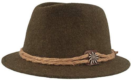 Breiter Cappello Uomo Originale Capello in Feltro Stile Tirolese 100% Lana Berretto Bavarese con Cordoncino di Canapa Stella Alpina e Tesa Stretta Oliva L