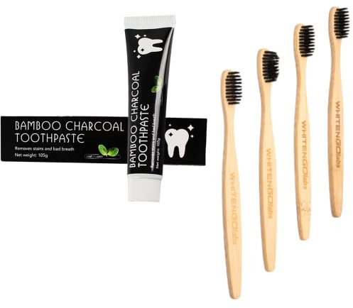 Whitengolabs Activated Bamboo Charcoal Teeth Whitening Toothpaste Stain Removal, Fresh Breath + 4 Eco Bamboo Toothbrush with Activated Charcoal Biodegradable Soft bristles