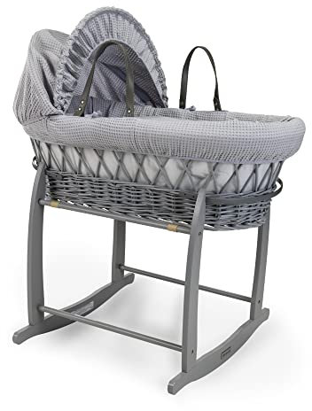 Clair de Lune Culla in vimini grigio a nido d'ape con supporto a dondolo grigio deluxe, 68 x 30 cm, grigio