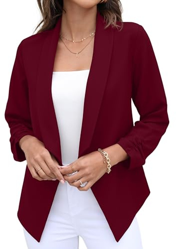 GRECERELLE Chaqueta tipo blazer para mujer, frente abierto, manga fruncida, casual, trabajo, oficina, chaqueta corta para mujer, 09 Rojo Vino, 38-40
