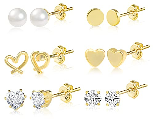 ASH'S CHOICE Gold stud Earrings, Mini Heart Zirconia, 6 Pairs Sterling Silver 925 Hypoallergenic Set for Women