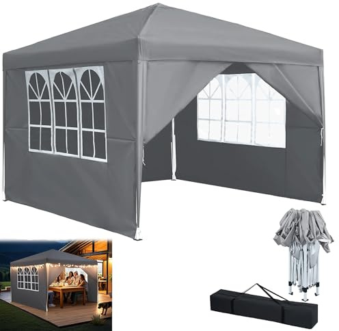 YRHome Paviljong vikbar popup paviljong paviljong 3 x 3 m vattentät vintersäker stabil UV-skydd trädgårdspaviljong med 4 sidodelar och fönster, trädgårdstält, festtält, utomhus festtält, grå