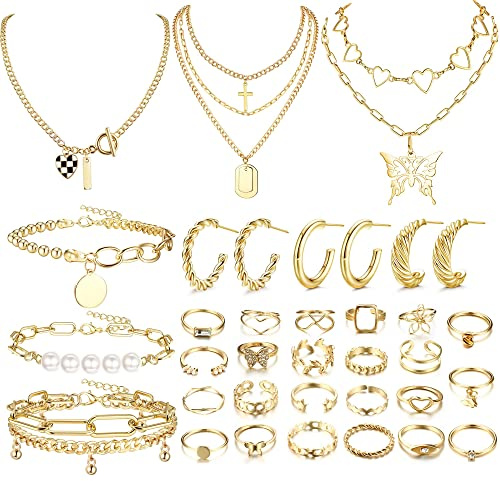 Kakonia Oro Joyería Set para Mujeres Hombres Oro en capas Collares Cadena Pulseras Pendientes de aro Nudillo Anillos Juegos para Aniversario Cumpleaños Regalo