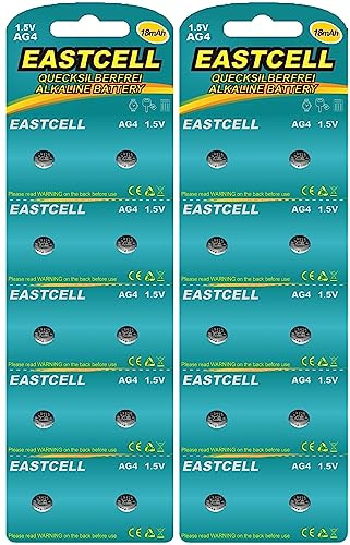 EASTCELL 20 knappceller AG4 SR626SW klockbatteri, 377 batterier SR 626SW V377 1,5 V LR626 engångs | 20 alkaliska knappceller AG4/LR626 med 1,5 V och 18 mAh; för klockor, miniräknare, leksaker, LED-lampor och små apparater