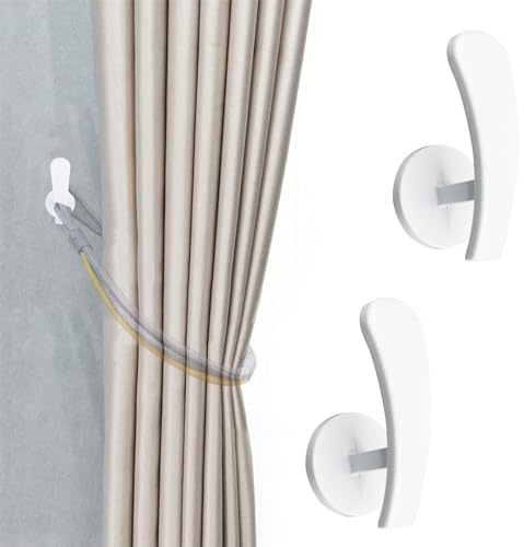 INCREWAY Lot de 2 embrasses de rideau, crochets auto-adhésifs à fixer au mur pour rideaux, supports de rangement en métal sans trace, crochets pour rideaux et cintres décoration intérieure（blanc）