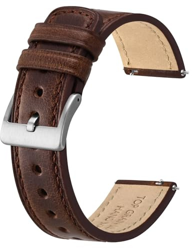 BISONSTRAP Cinturini per Orologi in Pelle, Pelle Classica Cerata a Olio, Cinturino di Ricambio a Sgancio Rapido per Uomo e Donna, 22mm, Marrone Caffè (Fibbia Argento)
