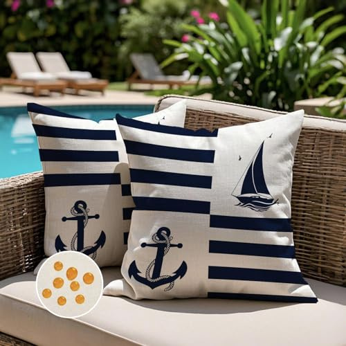 Jayusaror Housse Coussin Exterieur Impermeable 40 x 40 Bleu Marine Ancre Voilier Maritime Taie d'oreiller Nautique Été Printemps Décoratif Housses de Coussin pour Salon de Jardin Bohème Art déco