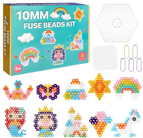 Luziyun 10MM Bügelperlen Set 1000 Stück mit Prinzessin& Schloss Motiven, 10 Farben inkl. Steckplatte Kreativset für Kinder ab 3 Jahren mit Bügelpapier, ideal für Märchen-Bastelprojekte,