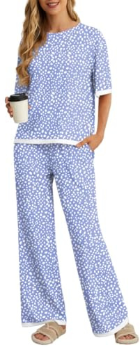 PrinStory Pyjamas för kvinnor, kortärmad pyjamasöverdel långa pyjamasbyxor tvådelad