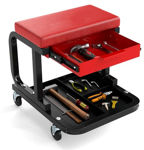 GOOPLUS Taburete de Taller con Ruedas, Taburete de Mecánico con Asiento Acolchado, Cajón Extensible, Bandeja para Herramientas, Ruedas Giratorias 360°, Silla de Trabajo, Carga 185 kg (Rojo)