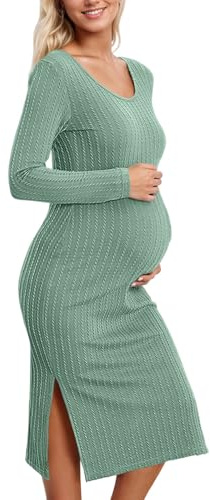 Duohropke Vestido de jersey para mujer, invierno, cálido, manga larga, vestido de maternidad, suave, vestido de lactancia, vestido de punto a rayas con cuello en V, verde, M