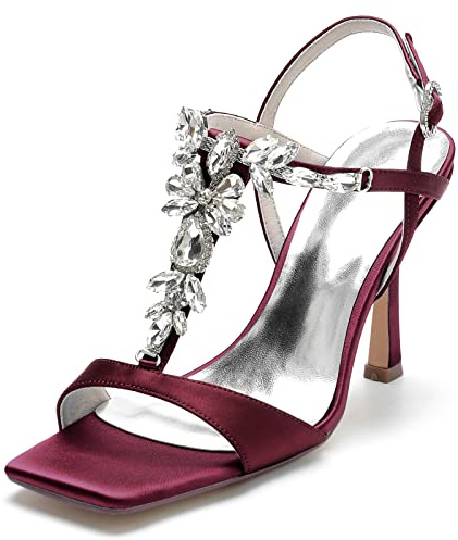 Gycdwjh Mode 9.5cm Chaussures De Mariée Blanches Peep Toe Strass en Plis Satin Haut Talons Pompes Bout Carré Forme en T Lacets Sandales,Burgundy,36 EU