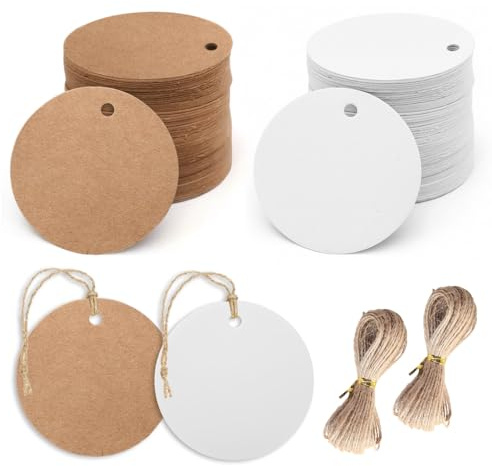 HMCEY 200 Pezzi Etichette Regalo Cartoncino 5 CM,Bigliettini Bomboniere con Cordino da 40 M,Etichette Carta Kraft Rotonde,Cartoncini Segnaposto,Kraft Paper Gift Tag per Matrimoni,Natale,Prezzi
