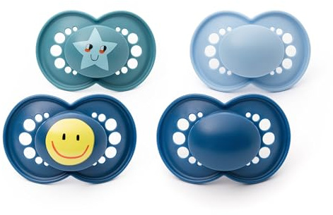 MAM Original Dummies, 18-36M, 4 Pack, Orthodontic Design, Blue | SkinSoft Silicone Teat, Sustainable Materials, Baby Accessories (Designs Vary)