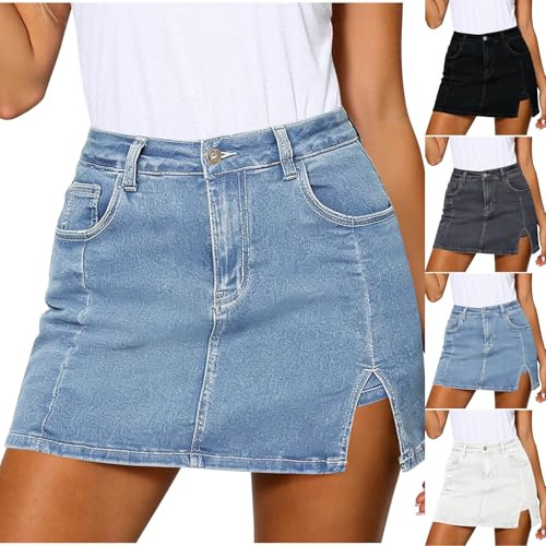 Genérico Falda Pantalón Vaquera Mujer Cintura Alta Elástica Mini Falda Denim con Bolsillos Transpirable Casual Moda Shorts Casual con Abertura Lateral Estilo Y2K