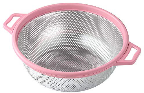 Scolapasta in acciaio inox con manico e gambe, grande colino in metallo rosa per pasta, spaghetti, bacche, verdure, frutta, tagliatelle, insalate, 26,7 cm, lavabile in lavastoviglie
