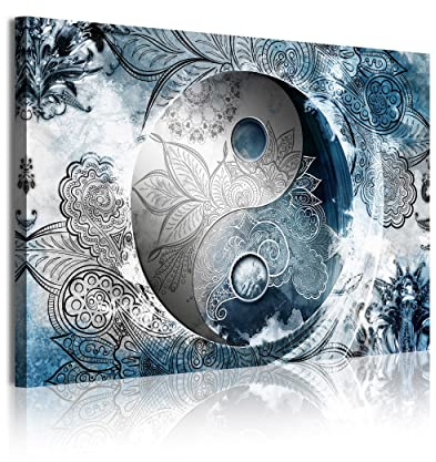 DekoArte - Cuadros Modernos Impresión de Imagen Artística Digitalizada | Lienzo Decorativo Para Tu Salón o Dormitorio | Estilo Ying Yang Abstractos Zen Colores plata azul | 1 Piezas 120 x 80 cm