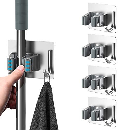homeasy Soporte Escobas Pared 4 Piezas, Adhesivos Ganchos para Colgar Escobas de Acero Inoxidable Sin Perforar, Colgador de Fregonas con Ganchos para Restaurante, Cocina, Baño, Garaje (Gris)
