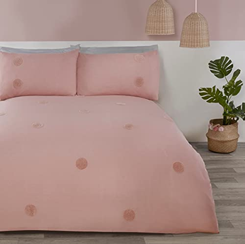 Sleepdown Set di biancheria da letto con copripiumino ricamato a pois e cerchi rosa cipria, lussuoso, morbido e facile da pulire, con federe, per letto matrimoniale (200 x 200 cm), 5056242836025
