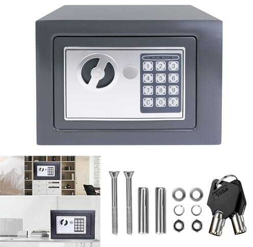 Tresor klein, Safe Tresor Feuerfest Wasserdicht, Elektronischer Digitaler Safe mit 2xNotschlüssel, Doppelbolzen Verriegelung, Sicherheitsbox, Möbeltresor für Bargeld Schmuck Dokumente, 23x17x17cm Grau