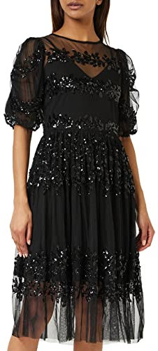 Maya Deluxe Damen Womens Midi Ladies Sequin Embellished Short Sleeve Dress for Wedding Guest Bridesmaid Prom Ball Evening Occasion Kleid, Black,46