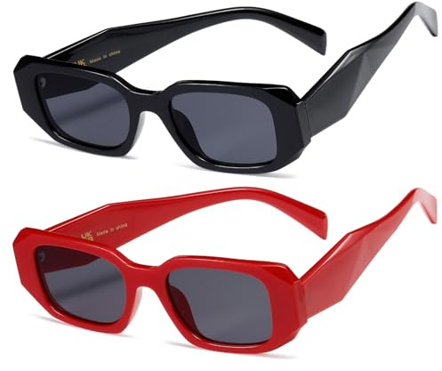 kimorn Rectangle Trendy Sunglasses for Women Men Trendy Retro Trendy Sun Glasses 90’s Vintage Square Frame (Black+red Frame Grey Lens)