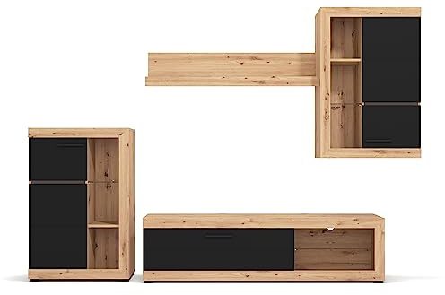 AVANTI TRENDSTORE Sellero - moderna parete da soggiorno in legno laminato in stile quercia Artisan e nero, perfetta per ogni salotto. Misure: LxAxP 267x186x42 cm