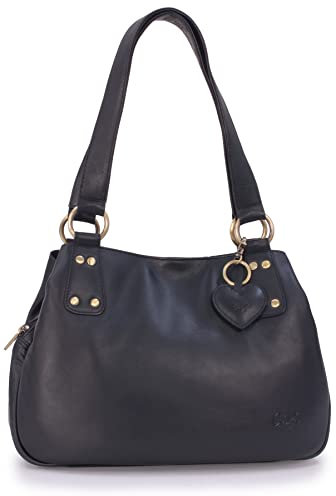 Gigi - Damen Leder Schultertasche - Handtasche Mittelgroß mit Viele Fächer - Herz Schlüsselring - OTHELLO 6819 - Schwarz